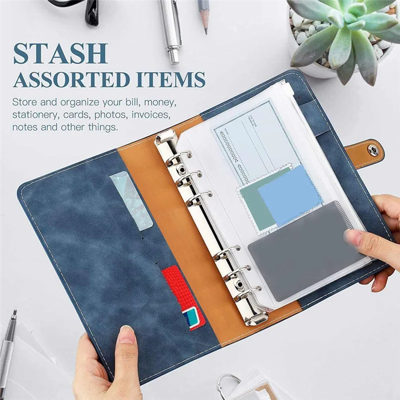 Carpeta de cuaderno de 6 anillas, carpeta de cuero PU, cubierta de carpeta de cuaderno PU + Metal + PVC con carpeta de plástico transparente A6, bolsa tipo sobre azul