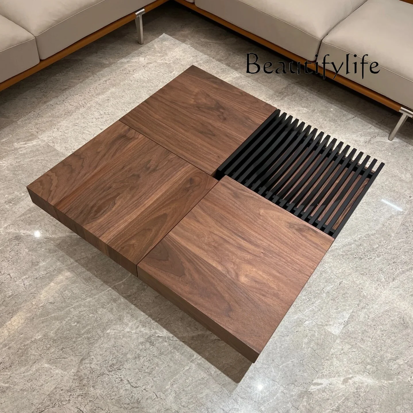 Square Walnut Coffee Table Small Apartment Living Room Home with Drawer Storage Light Luxury High-End Sense