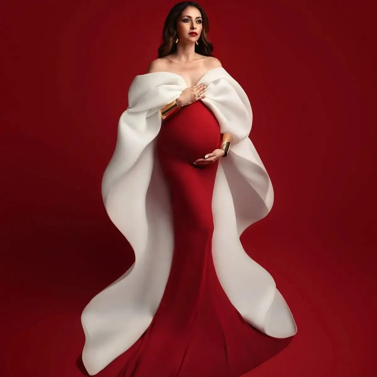 Delicate Mermaid Maternity Dresses for Photoshoot Red and White Pregnant Women Gown FOR Babyshower or Formal Party