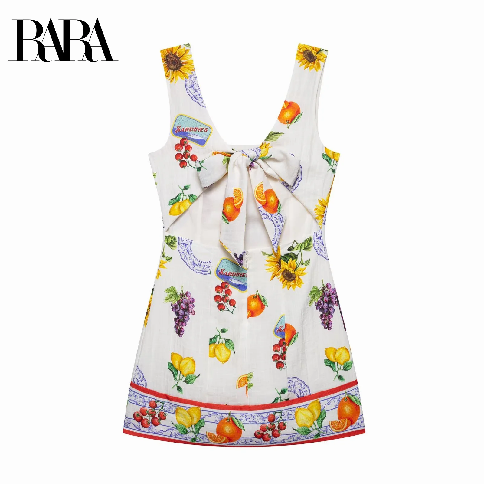 

RARA Ladies Sleeveless Mini Dress with Fruit Print Open - Back Design and Bow - Tie Decoration Stylish and Charming Dress