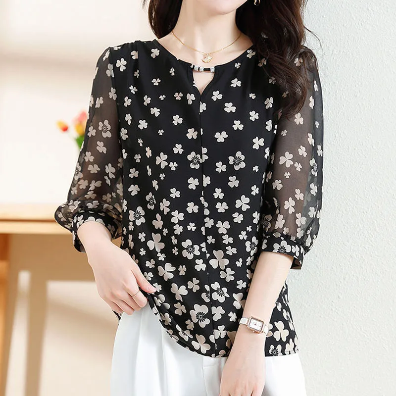 Women\'s Clothing Fashion Casual Printed Half Sleeve Chiffon Blouse Summer New Female Korean All-match Hollow Out Spliced Shirt