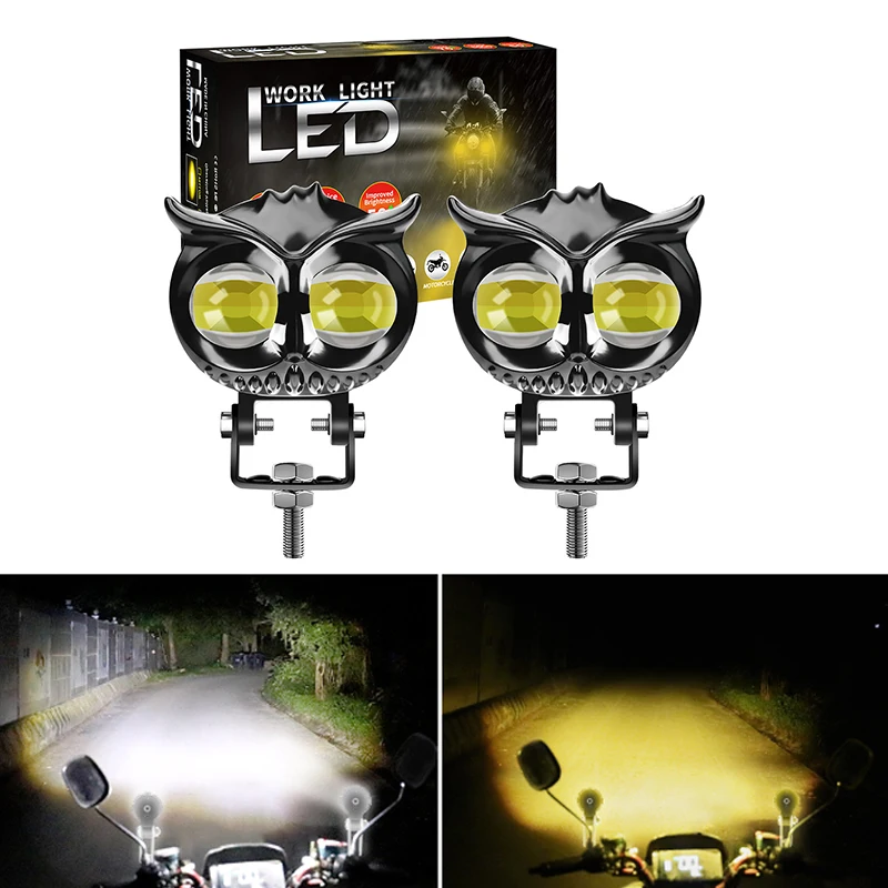 1PCS Dual Color Motorcycle Headlight Owl Design 4 Modes Auxiliary Spotlights Motorbike Scooter Fog Lamp Running Lights Universal