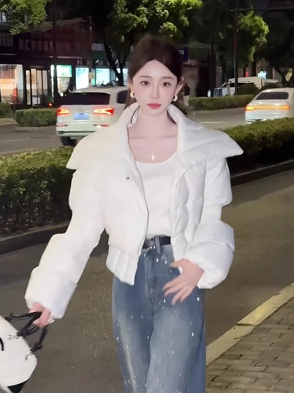 

Women's Loose Fitted Short down Jacket Spring New Style Large Collar Warm Waist Cinched Cotton Coat Korean Style Commute