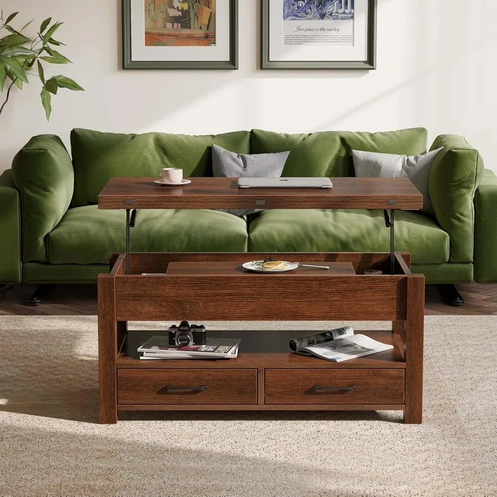 Coffee Table Lift Top, Multi-Function Convertible Coffee Table with Drawers and Hidden Compartment, Home Office,Espresso