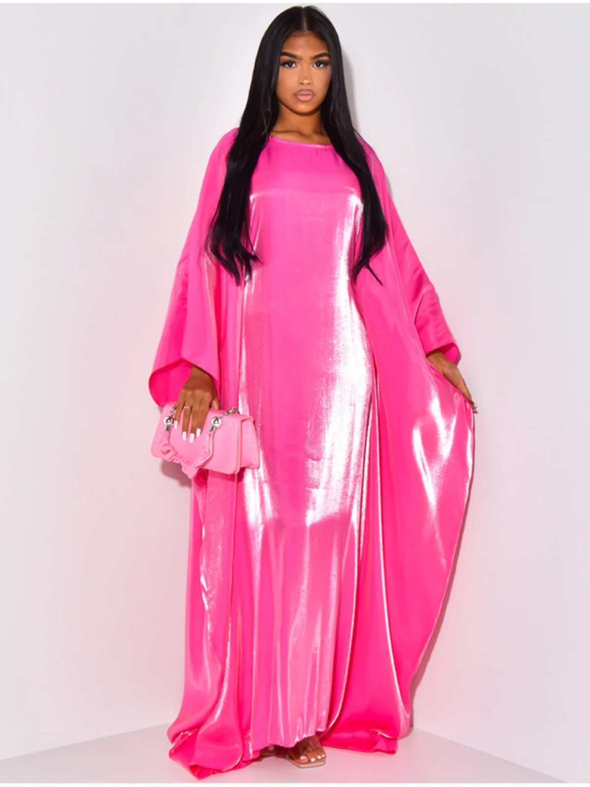 

Longsved Satin Casual Long Dress Women's Polyester Batwing Sleeve Gown Floor Length Dress Spring Summer Autumn Basic Style