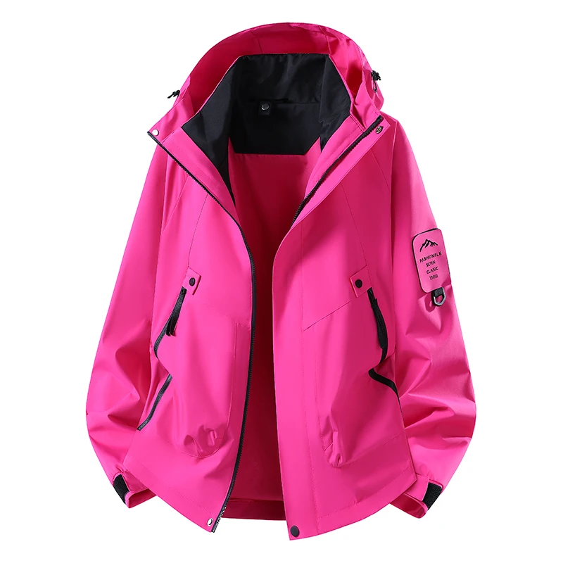 Women Waterproof Windbreaker Hooded Jacket Full‑Zip Patch Decoration Zipper Pockets Drawstring Hood Lightweight Outdoor Hiking T