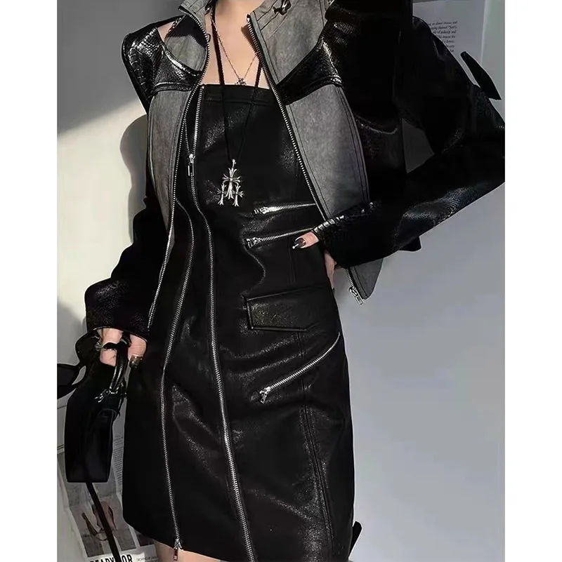 Women Leather Dress Vintage Youth Grunge y2k Clothes K-POP Steampunk Slim Bodycon Fashion Metal Chain Sling Vestido Micro Skirts