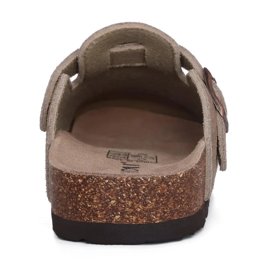 Men's and women's suede clogs, leather mules, cork soles, and cowhide Birkenstocks