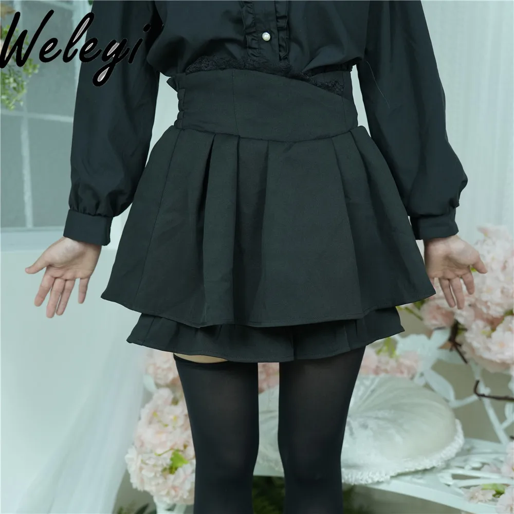 Japanese Landmine Harajuku Black Short Skirt Ladies 2024 Fall New Women Double Lace High Waist Pleat Mini Skirts Female Clothes