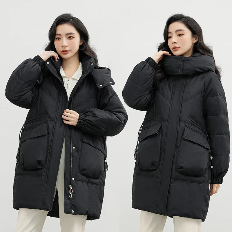 Women Mid Lenth Parkas Coats Hooded Overcoat Solid Drawstring Waist Zipper Pockets Loose Thick Elegant Casual 2025 Autumn Winter