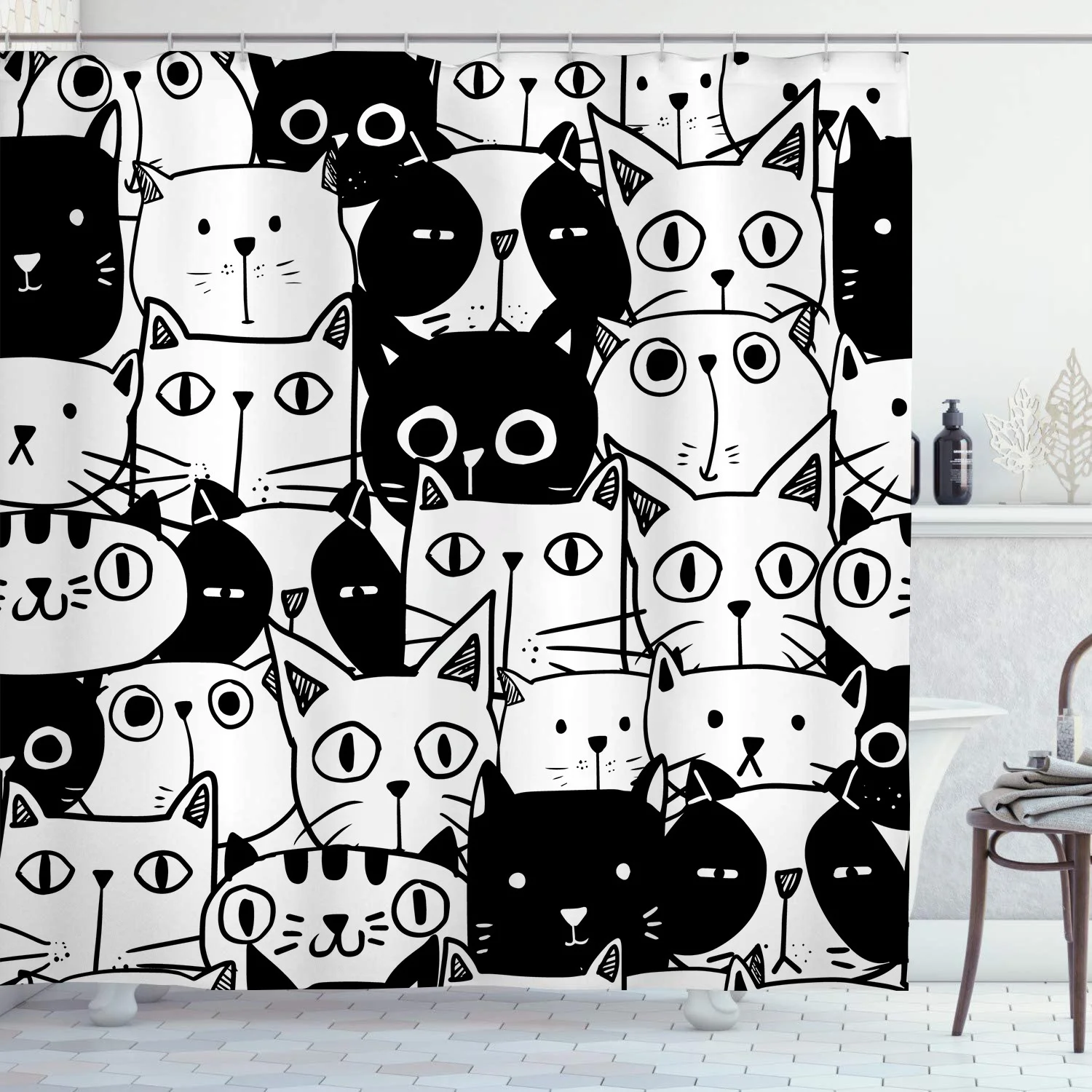 Black Line Katzen-Duschvorhänge, waschbarer Stoff, Polyester, für Badewanne, Kunst, Badezimmer, Dekor, Trennwand mit Haken, zum Aufhängen, wasserdicht – Detail 13