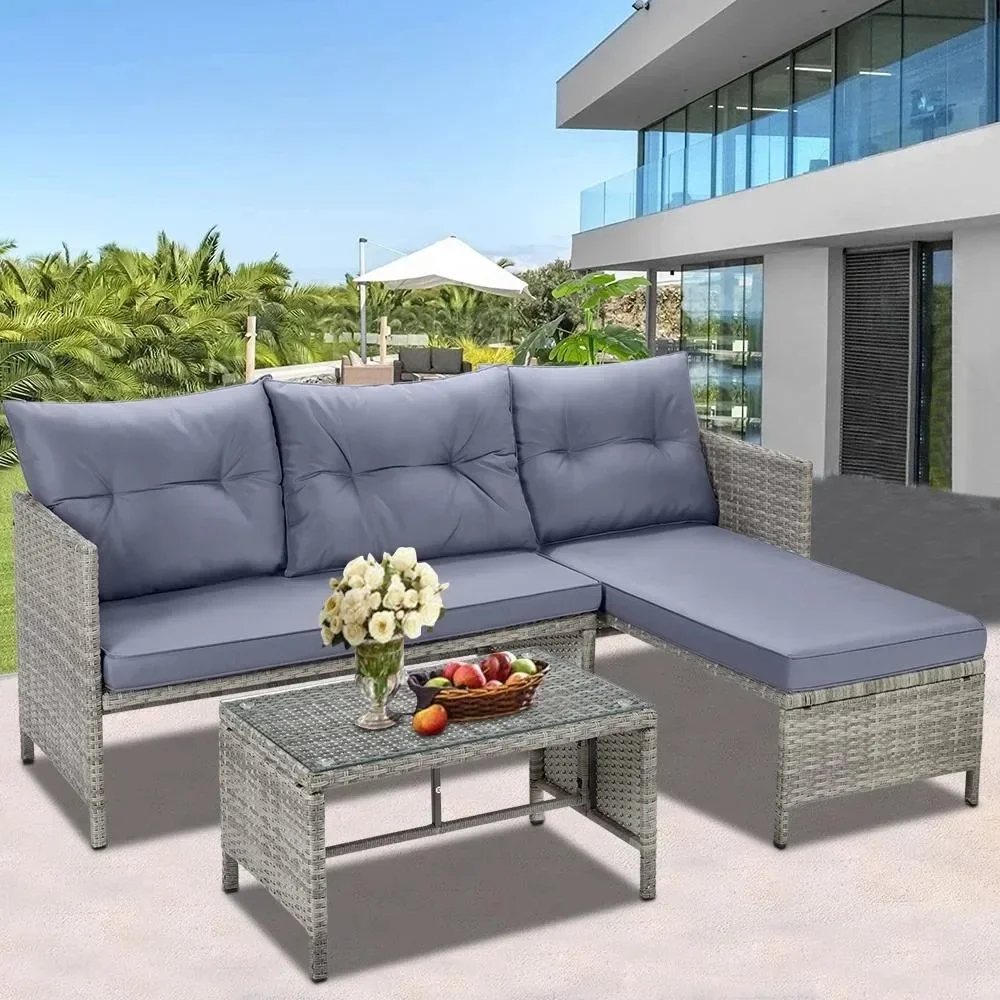 

3 Piece Patio Furniture Set, All-Weather Outdoor Sectional Sofa Set, PE Rattan Conversation Set , Wicker Furniture Couch Set