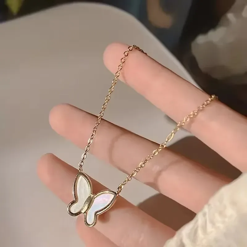 316L Stainless Steel New Fashion Upscale Jewelry Minimalism Embed Shell Butterfly Charms Chain Choker Necklace Pendant For Women