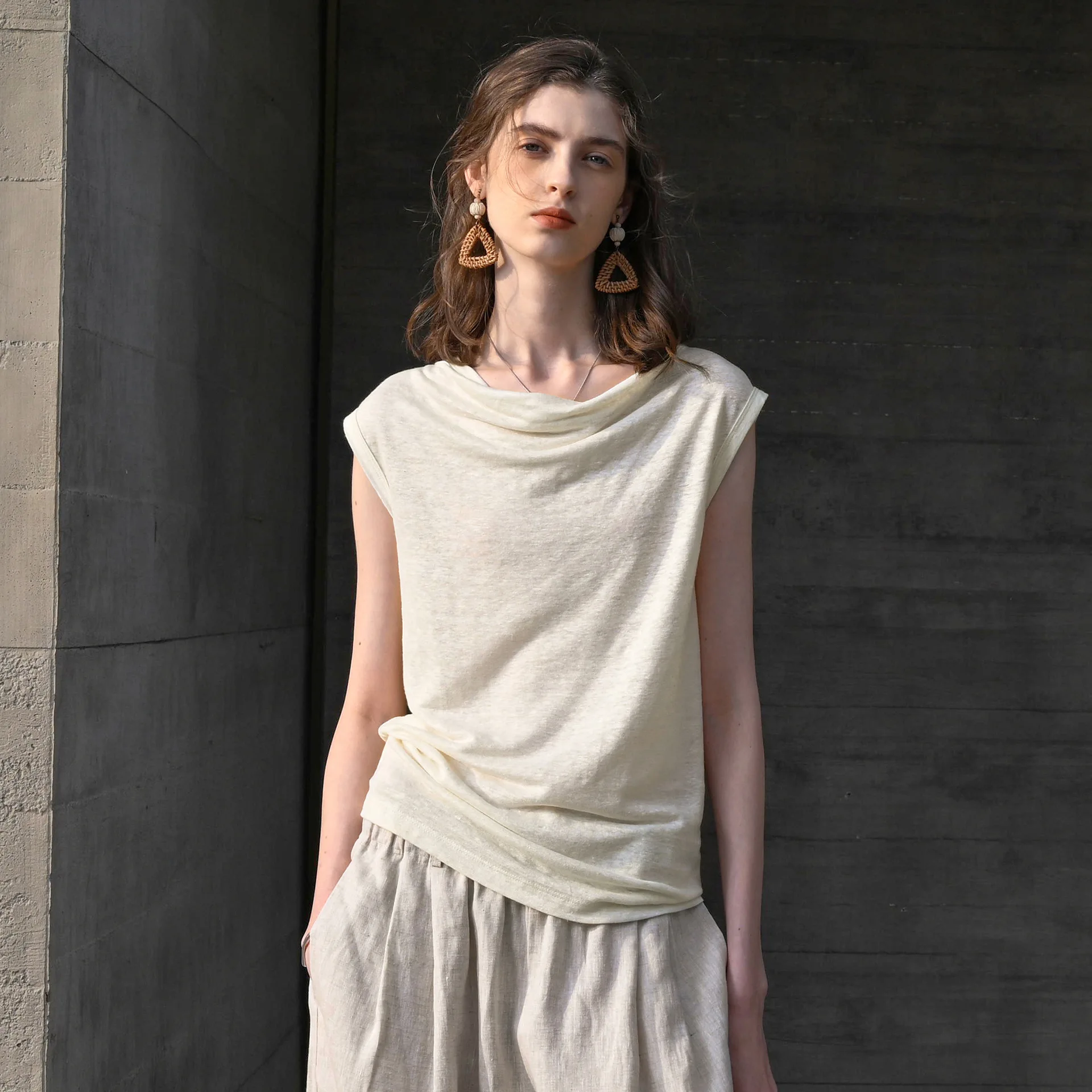 Hemp One-Shoulder Swing Collar Knit Short-Sleeved T-Shirt Summer High-Quality Lightweight Breathable Slim French Casual Tops