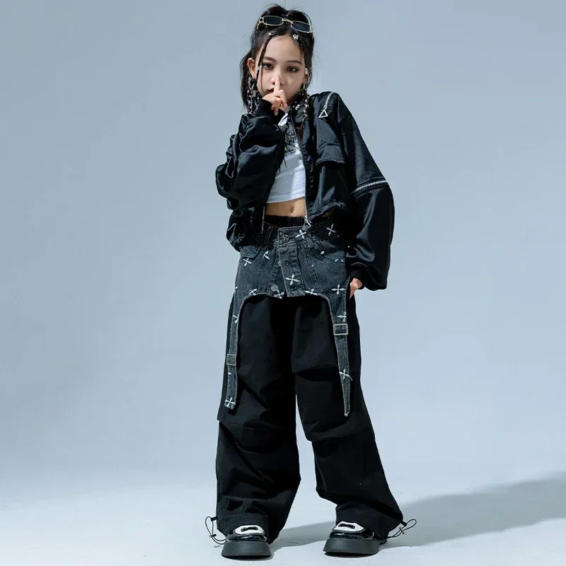 Jazz Street Dance Wear Ballroom Hip Hop Stage Costumes Children is Jazz Dance Performance Clothing Girls Denim Waistband Suit