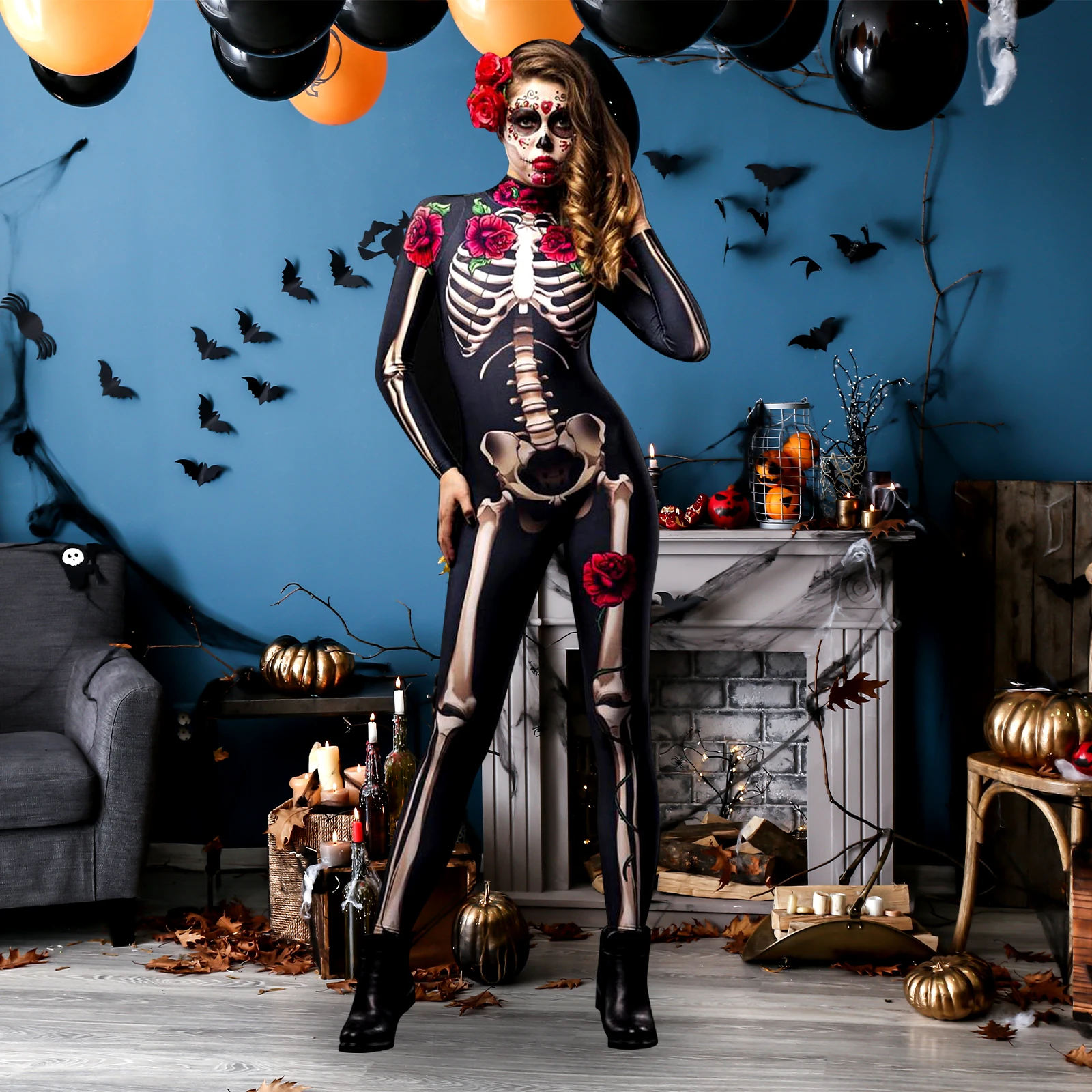 1PCS Party City Day of the Dead Catsuit Skeleton Costume Jumpsuit for Halloween Women\'s Halloween Costume, Dia de Los Muertos