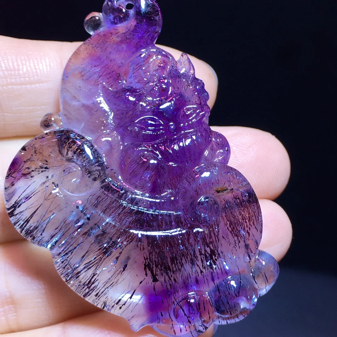 

Natural Purple Super Seven 7 Rutilated Quartz Pendant 52.3/33.8/9.8mm Fox Necklace Crystal Genuine AAAAA