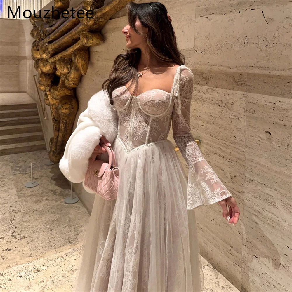 

Mouzhetee A-Line Elegant Lace Tulle Wedding Dresses Long Sleeve Simple No shawl Brides Gown Custom Made 2025