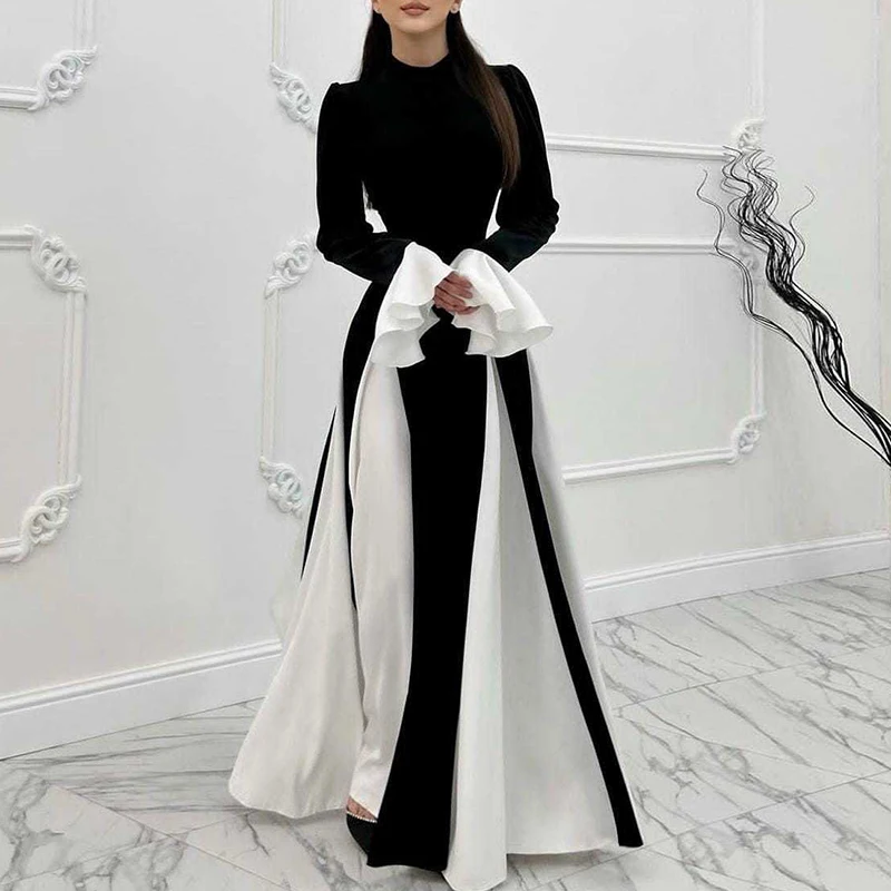 Elegant Flared Sleeve Color Blocked Patchwork Long Dress New Fall High Waist Evening Party Dress Temperament O Neck Velvet Dress
