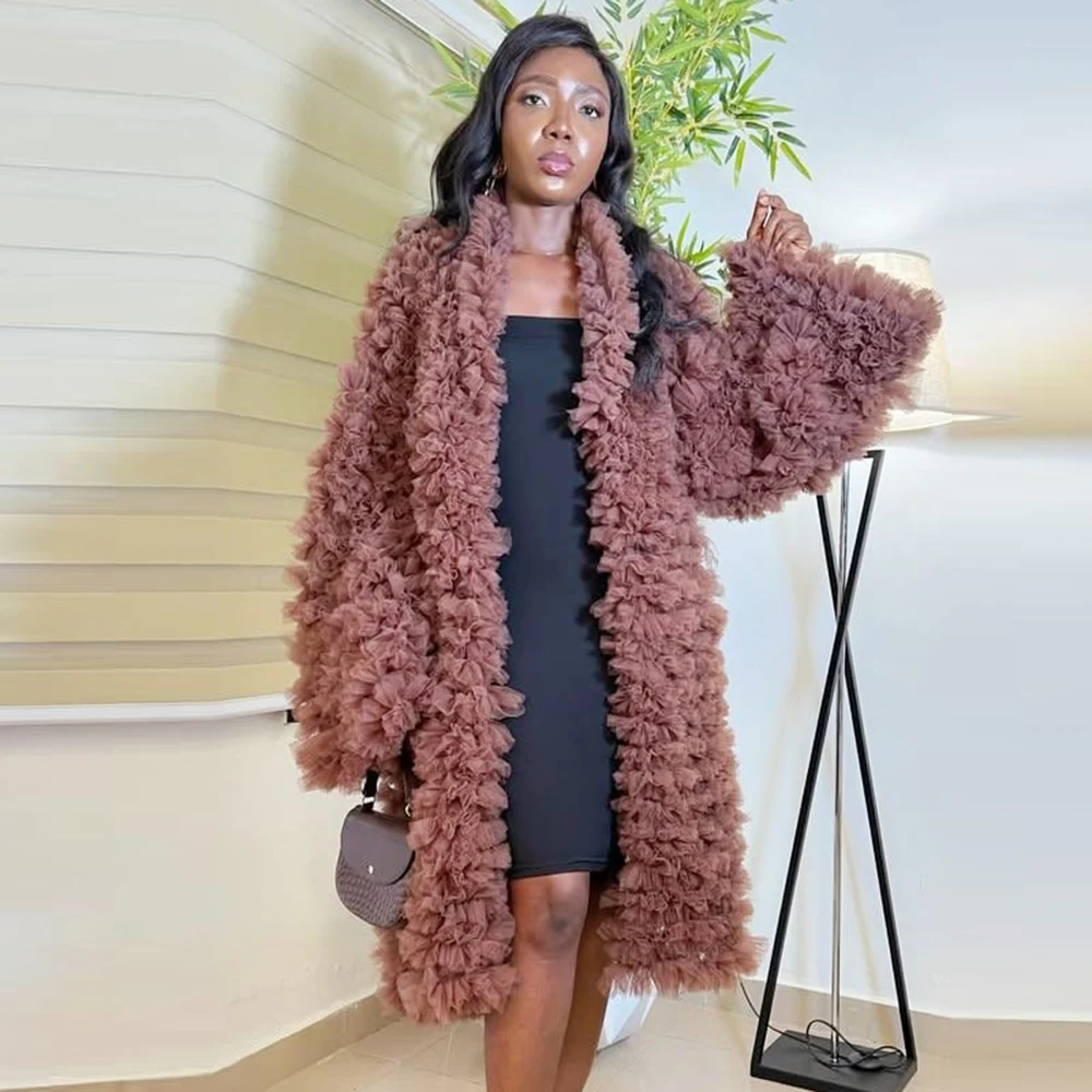 

Великолепное женское длинное пальто из тюля с оборками и длинными рукавами, пышный тюлевой наряд для вечеринки, тюлевой топ, индивидуальный цвет и размер, верхняя одежда