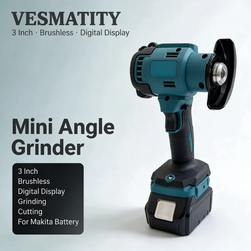 VESMATITY 3 Inch Brushless Mini Angle Grinder Digital Display Grinding Cutting Tool for Makita Battery