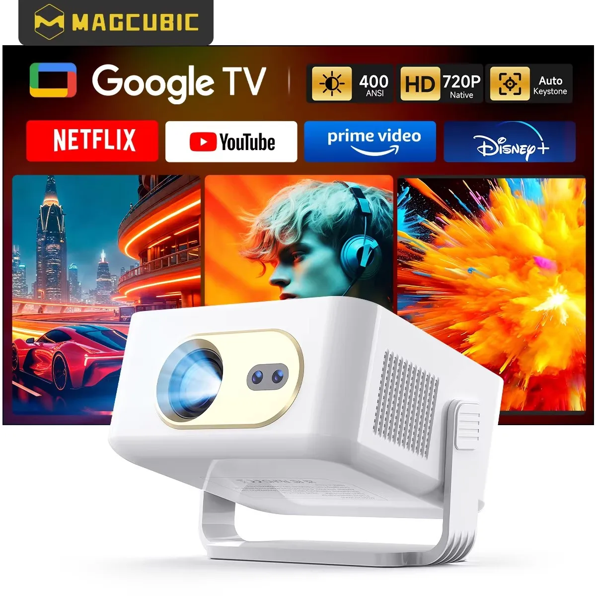 Projecteur intelligent Magcubic HY300GT sous licence Google TV, projecteur HD intelligent avec mise au point automatique, 400 lumens ANSI, Android pour home cinéma