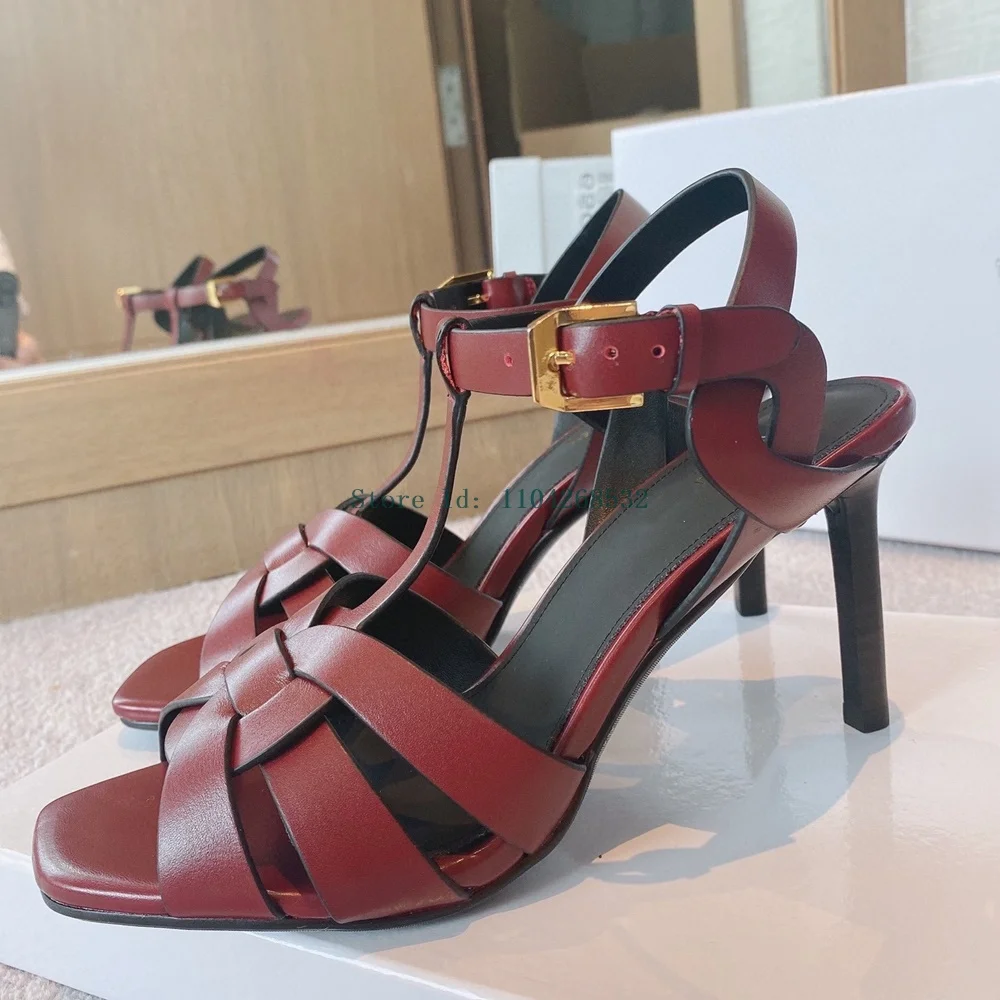 Red T Strap Weaving Open Toe Sandals Sexy Square Toe Thin Heel Buckle Strap New Arrivals Fashion Women Runway Shoes