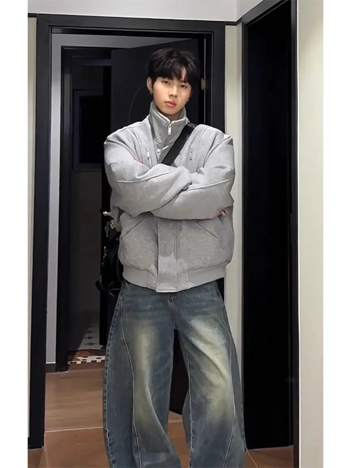 Cleanfit casaco curto de lã e aodão cinza masculino, estilo outono inverno, decoração com zíper, ajuste solto, quente, moda...