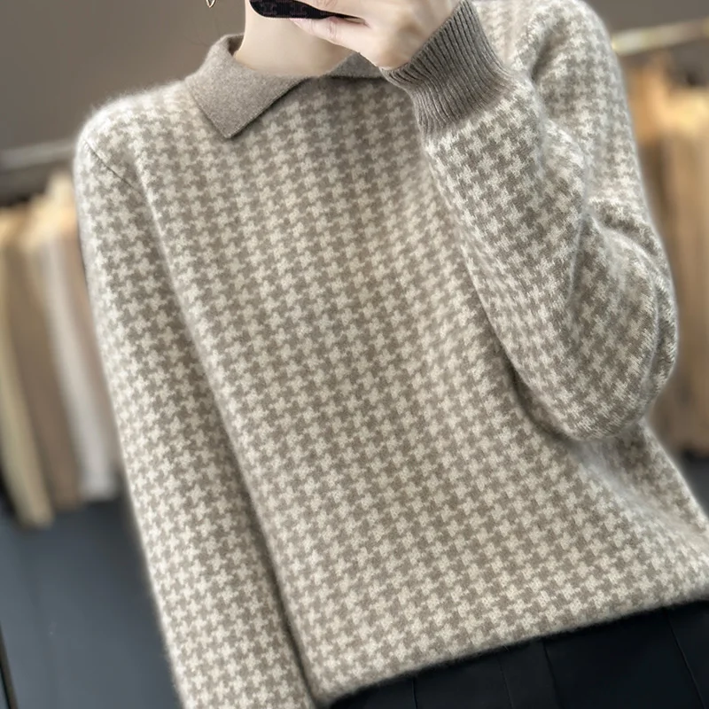 Autumn Winter Women 100% Pure Merino Wool Sweater Polo Collar Houndstooth Thickening Pullover Cashmere Knitwear Female Soft Top