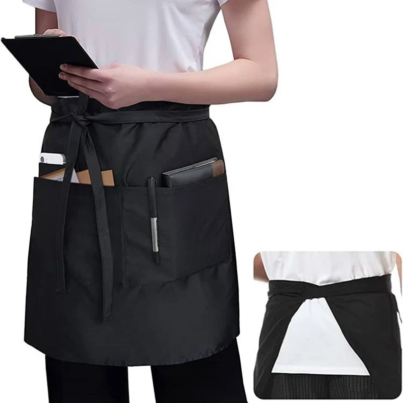 Waiter\'s Half Length Apron Black Short Apron With Pockets  Waitress Coffee Tea Shop Cafe Cooking Kitchen Men Women Work Aprons