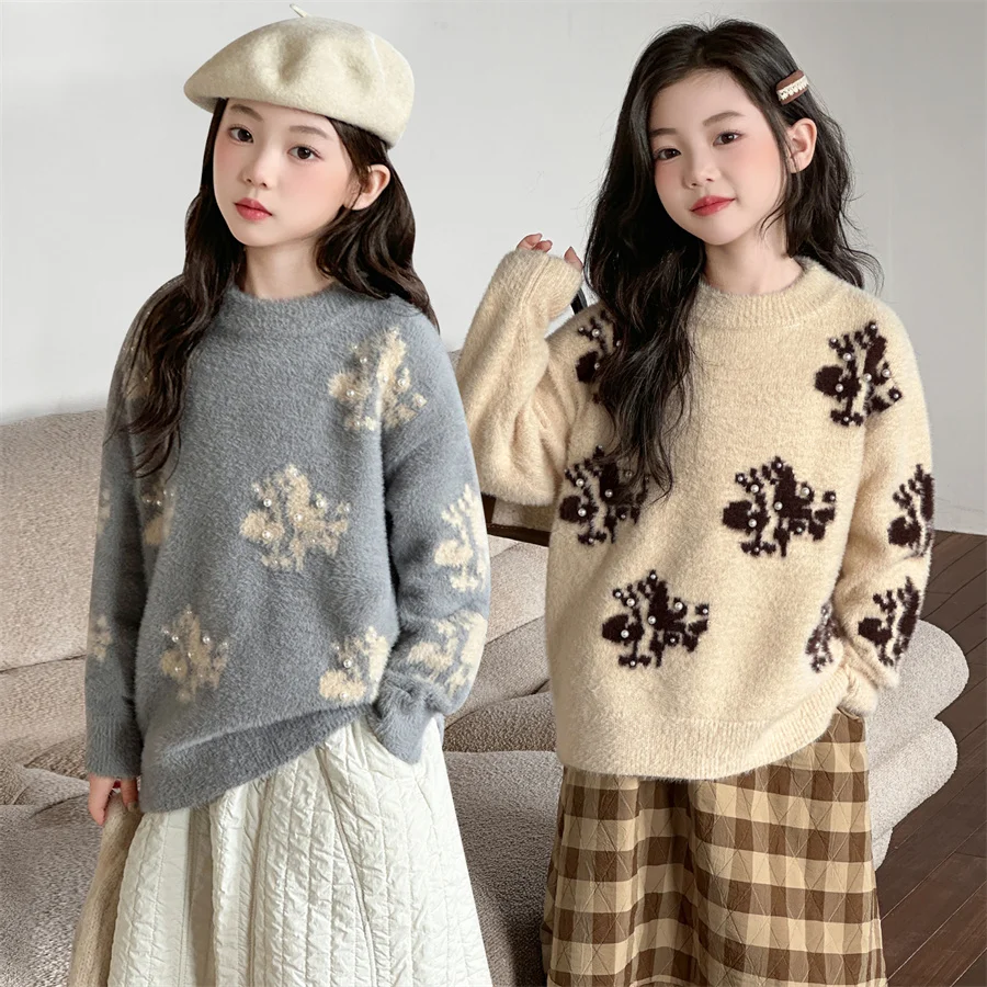 Suéteres y Jerseys de Flores para Niñas, Primavera, con Perlas, Ropa de Punto, Moda Infantil, Ropa de Temporada, Prendas de Punto, 5-14 Años