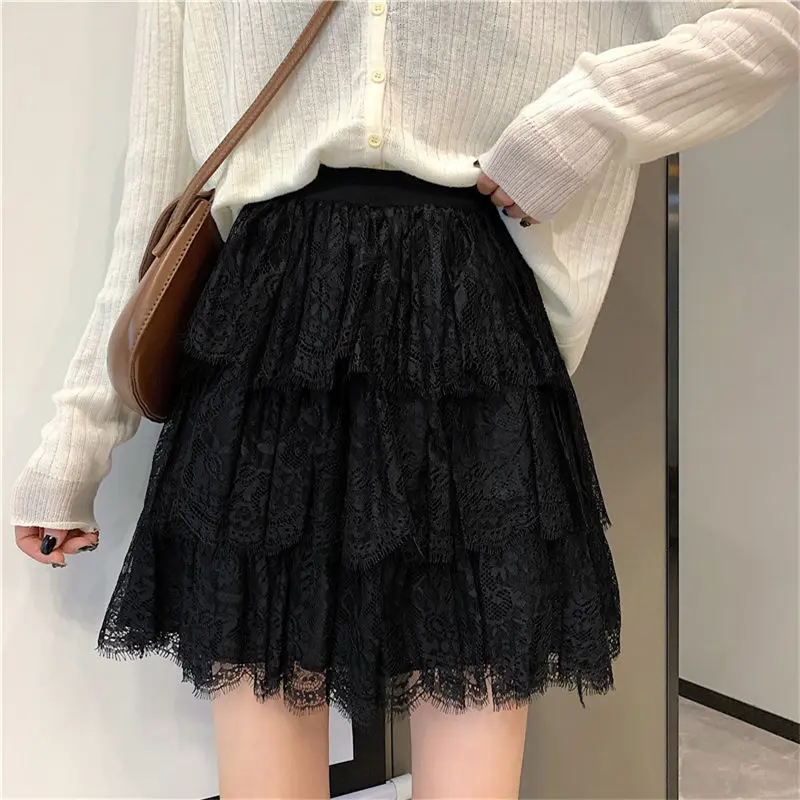 Lace Skirts Women Sweet Girls Clothing Summer Mini Mesh Korean Style Lovely Solid Simple Ball Gown Comfortable Chic Breathable