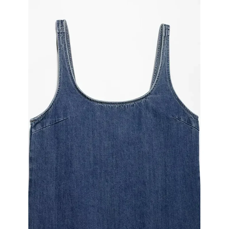 

Women's High-Waist Wide-Leg Pleated Denim Skirt round Neck Spaghetti Strap Casual Summer Style Metal Zipper