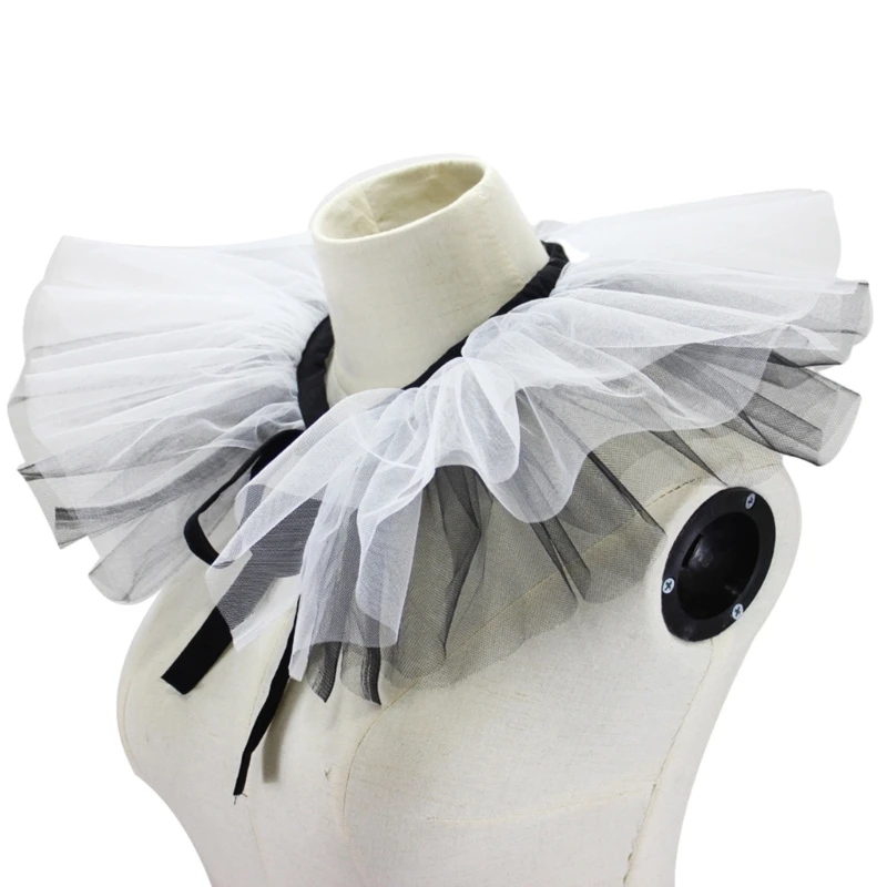 652F Gothic Ruffled Fake Collar Necklace Black White Mesh Tulle Shawl Elegant Neck Accessory for Costumes and Nightclubs