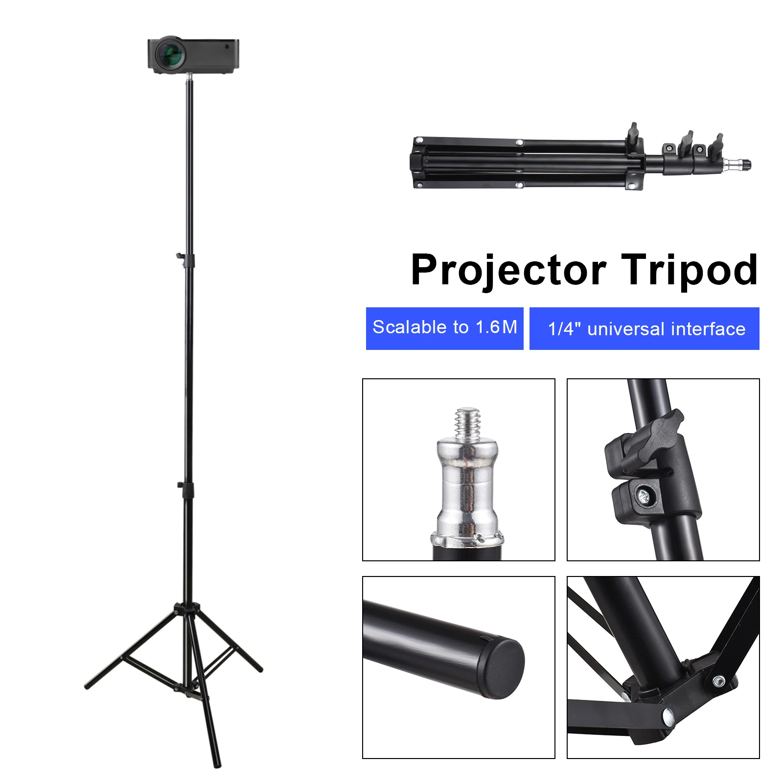 Projector Tripod Stand Stretchable Projector Bracket Aluminum Alloy Portable Holder 1/4'' Interface Adjustable for LCD Projecto