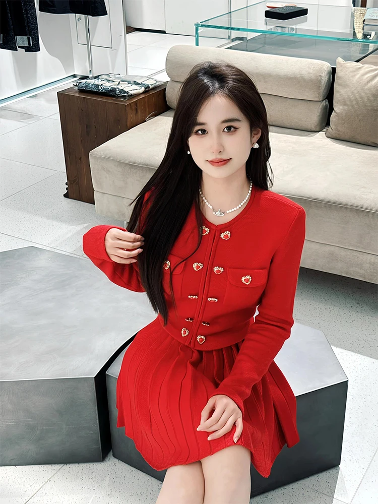 

Red Knitted round Neck Cardigan Women's Fashion Style New Year High Quality Elegant Lady Small Size Button up Knitwear Coat
