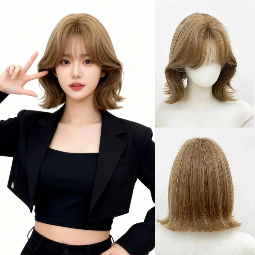 วิกผมสังเคราะห์สีน้ำตาลแอชบราวน์ทรงบ๊อบ มีหน้าม้า วิกผมสั้นแบบลอนสไตล์โลลิต้า สำหรับผู้หญิงผิวขาว ผมดูเป็นธรรมชาติ เหมาะสำหรับใส่ในชีวิตประจำวันและงานปาร์ตี้