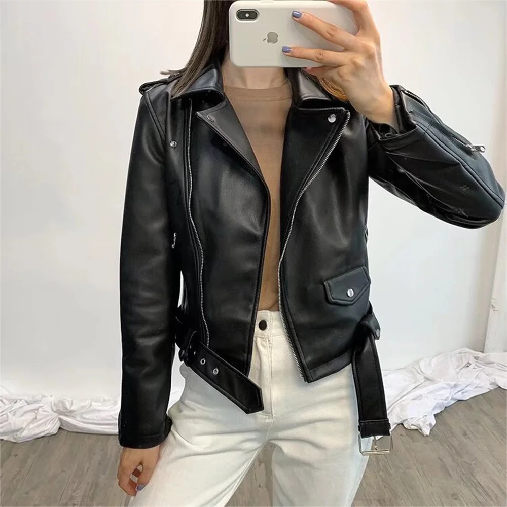 PB&ZA women\'s 2024 new fashion street style zipper imitation leather motorcycle jacket leather coat 3046/029