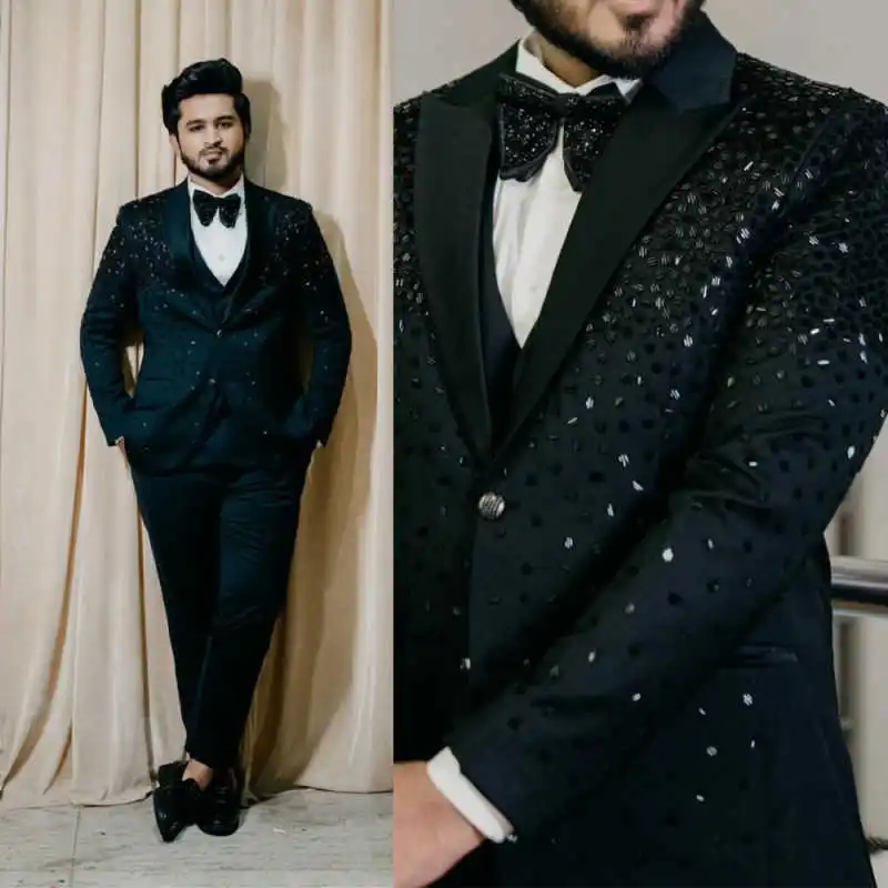 Luxury Wedding Tuxedos Beaded Peaked Lapel Single Breasted Men Suit Design 2 PCS Jacket Pant Groom Business Blazers Customized