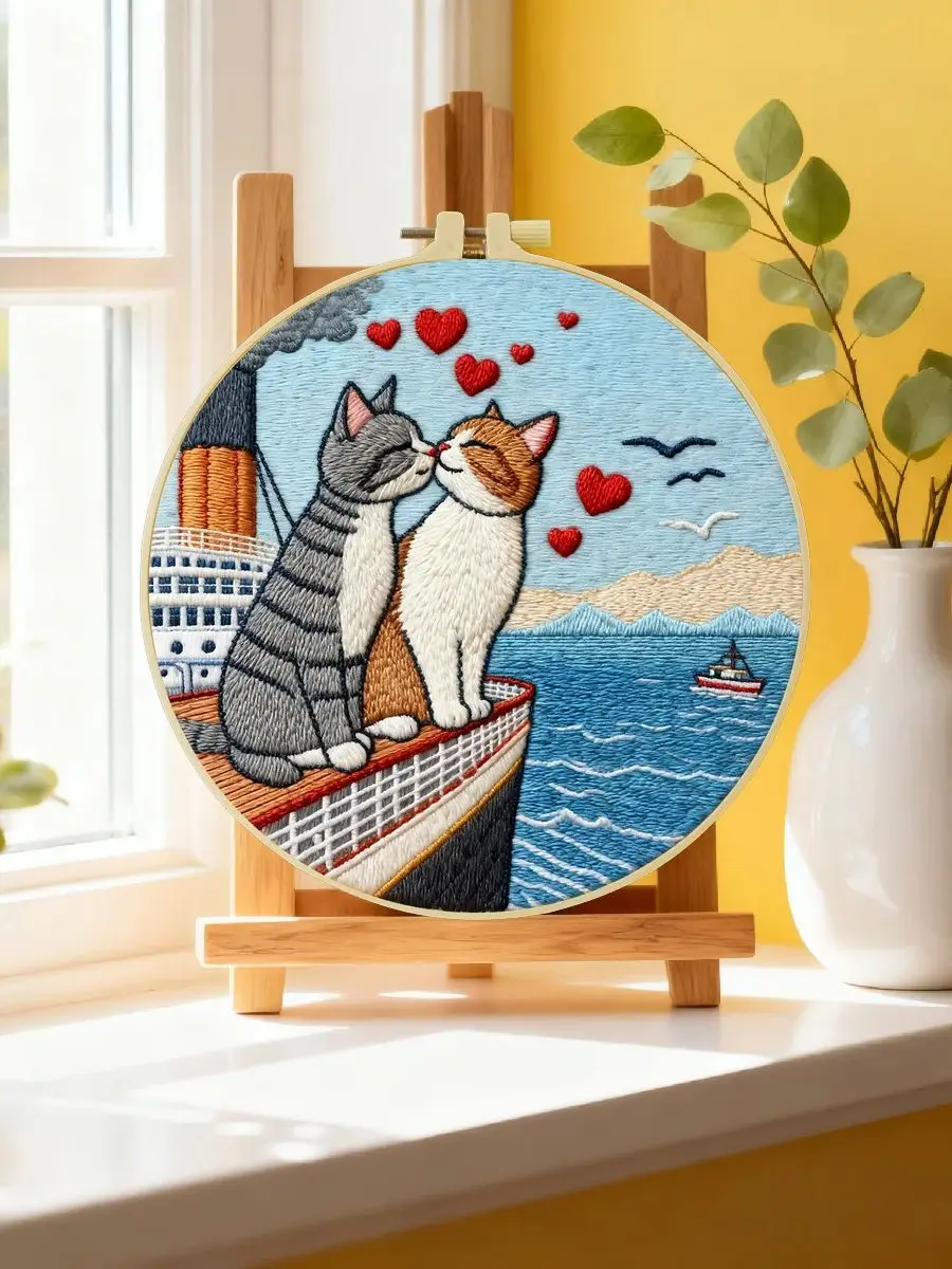 1 Stück 20x20cm/15x15cm 7,87/6,3 Zoll Katzen-Stickerei-Starter-Kit DIY-Kit DIY-Stickerei-Set Handarbeiten Nähkunst-Set für Anfänger – Detail 6
