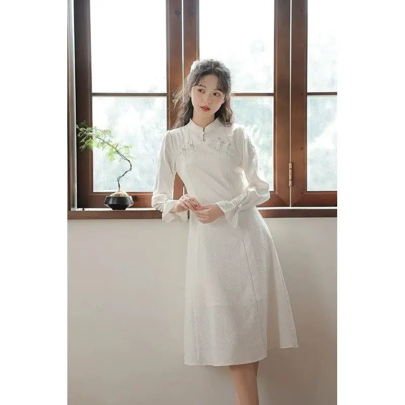 New Chinese Style New Chinese Style Cheongsam Improved Youthful Style Clear and Cool Temperament Zen Style Long Sleeved Dress