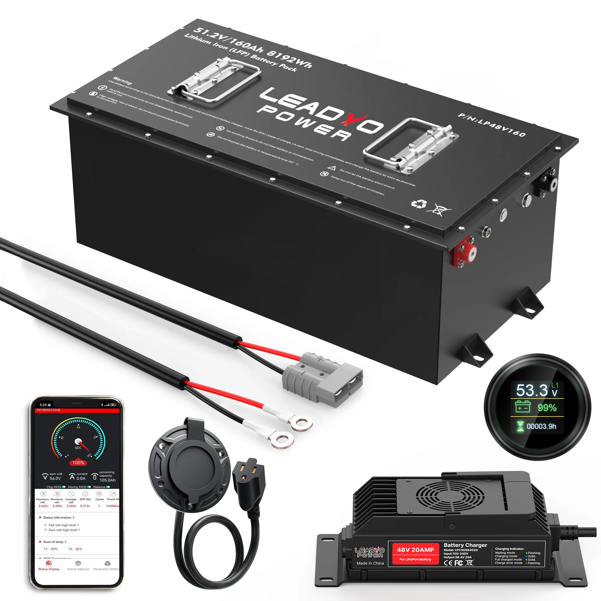 

51.2V 160Ah lithium LifePo4 Battery 48 for golf cart RV 12.8KW 250Amp 6000+ Deep cycle life Bluetooth monitor APP with Charger