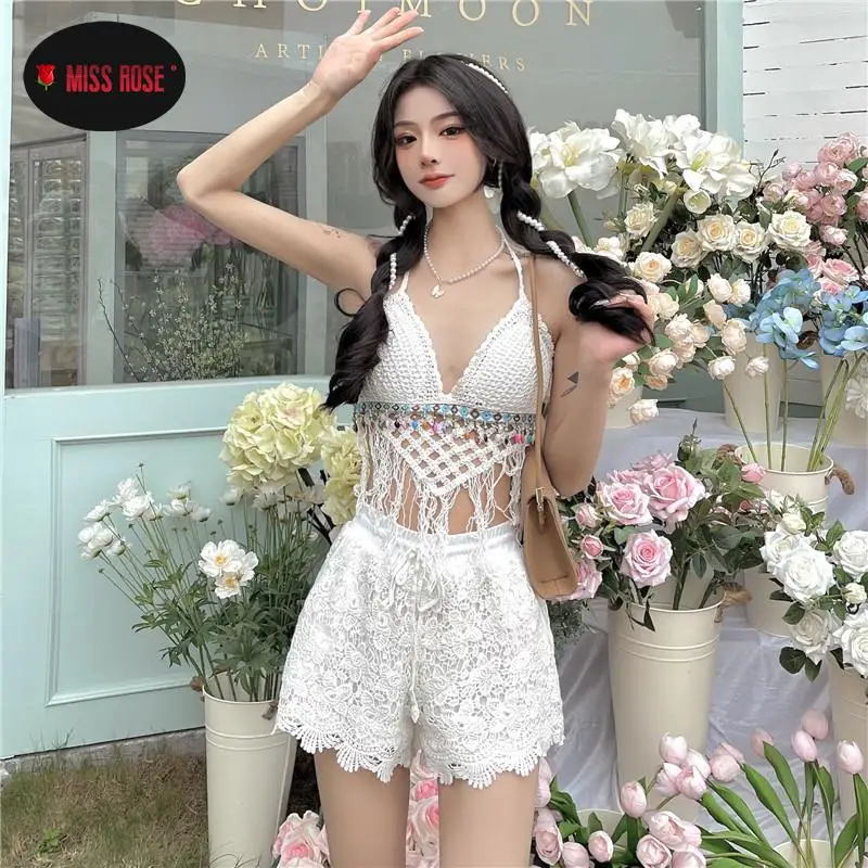 Vintage Floral Embroidery Sexy Three Piece Sets Women Lace Beach Hollow Out Cardigan + Bra Top + Shorts See Through Boho Outfits