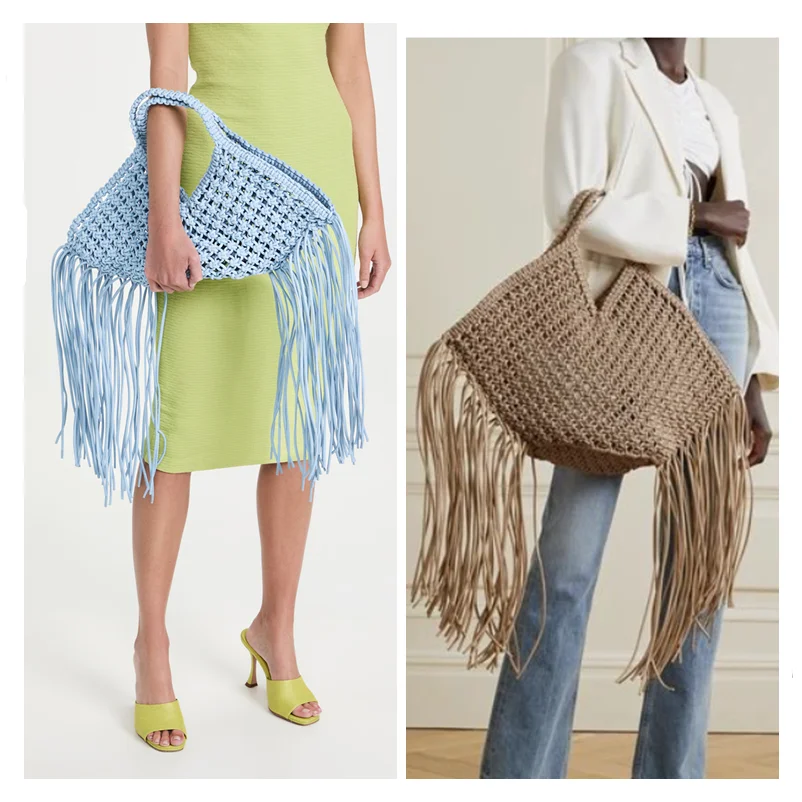 Designer woven fringed tote bag Women New Casual Ethnic Style Braided crochet net bag summer beach bucket purse