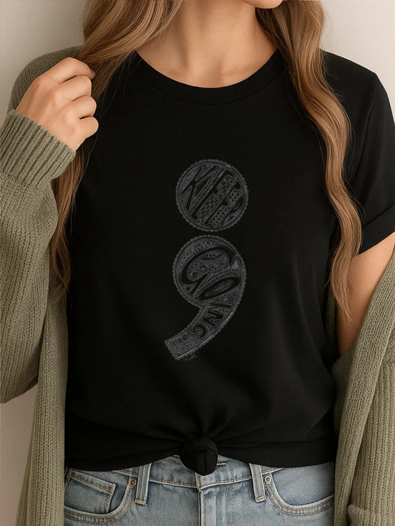 Semi Colon Keep Going Lustige T-Shirts für Damen, Geschenke, große und große ästhetische Grafik-T-Shirts, übergroßes bedrucktes T-Shirt