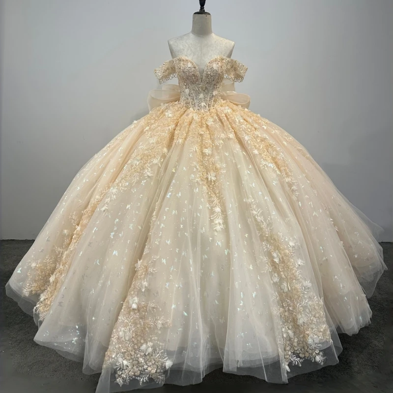 

Champagne Shiny Quinceanera Dresses Off The Shoulder Sequin Applique Flower Beading Crystal Bow Corset Party Birthday Sweet 16