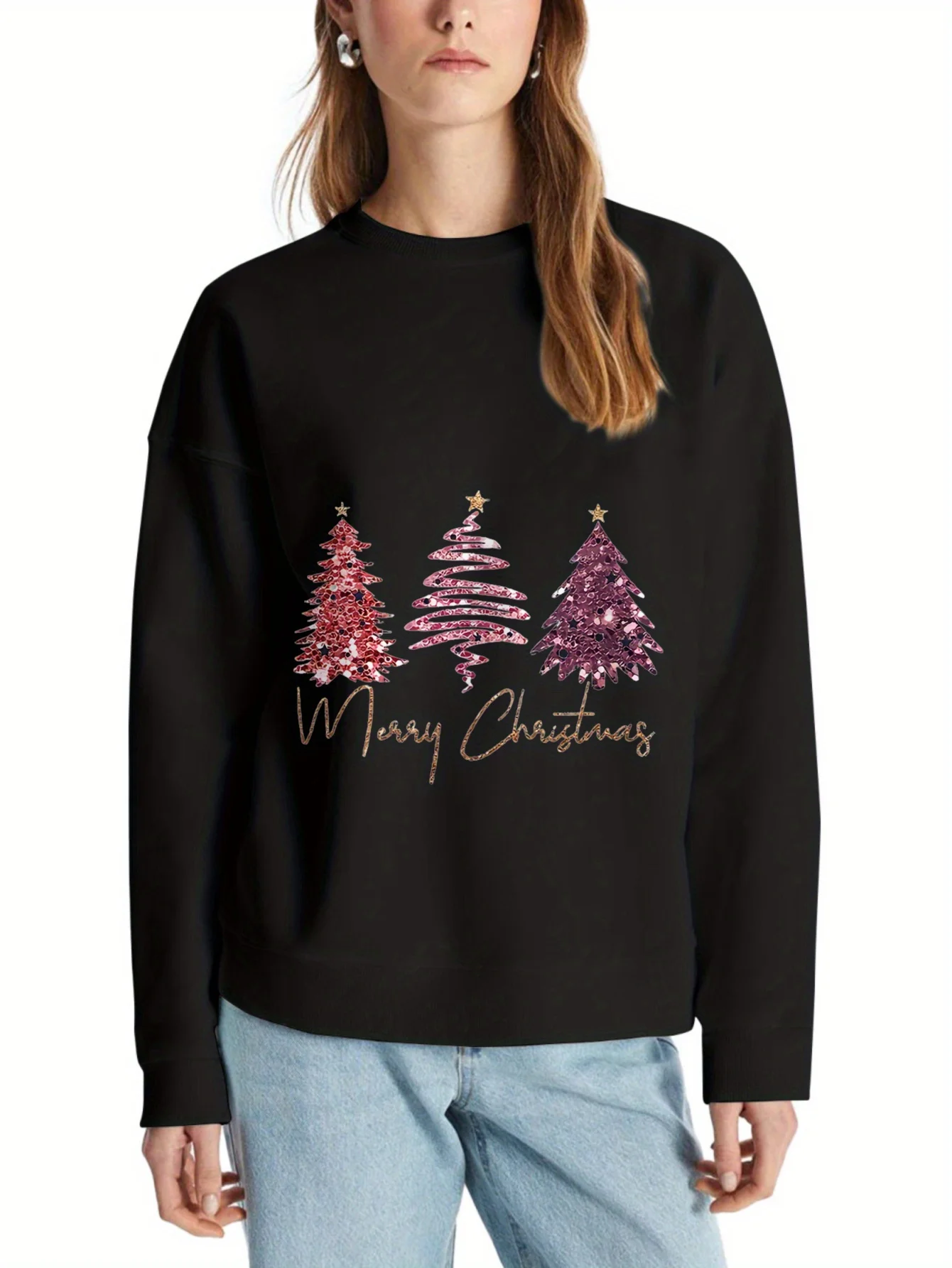 Damen-Kapuzenpullover mit funkelndem Weihnachtsbaum-Print, Polyester-Mischung, Rundhalspullover in Rosa und Gold mit Schneeflocken-Design