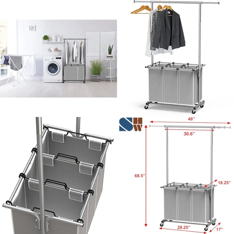 

3 Bags Laundry Sorter with Extensible Clothes Hanging Rod
