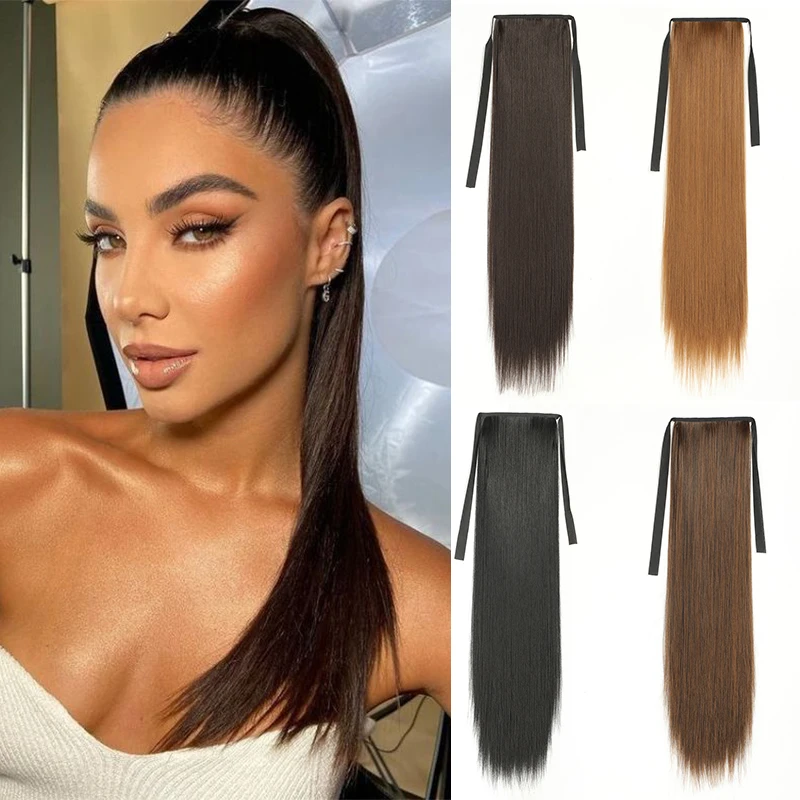 Extensions de queue de cheval synthétiques pour femmes, postiche longue droite, clip naturel, fausse queue, noir, 22 po