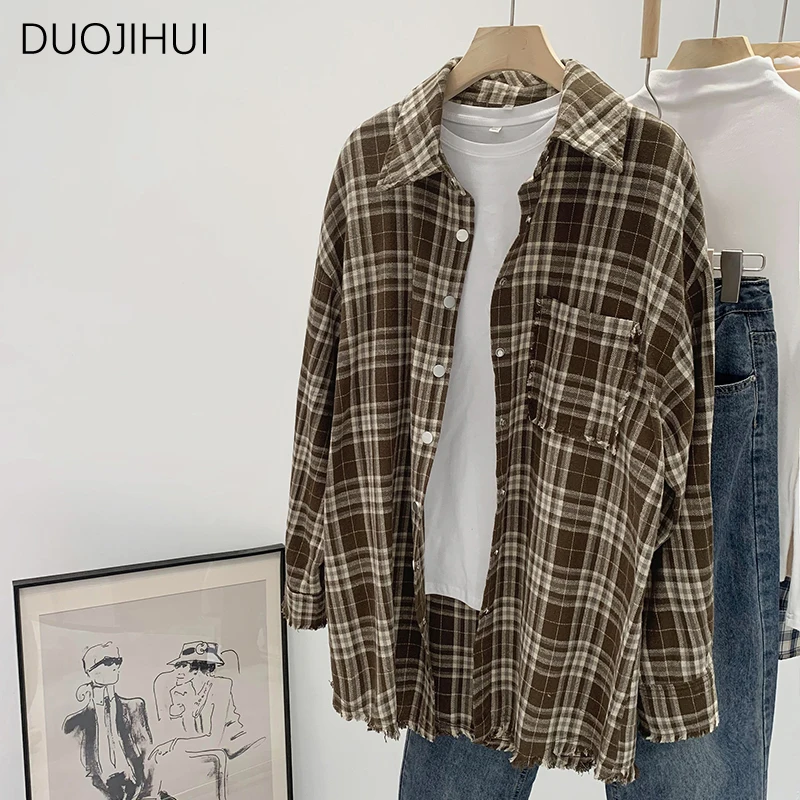 DUOJIHUI-Chemise classique à manches longues pour femme, vêtement simple et décontracté, à carreaux, vintage, pour document d'abonnés, à la mode, automne